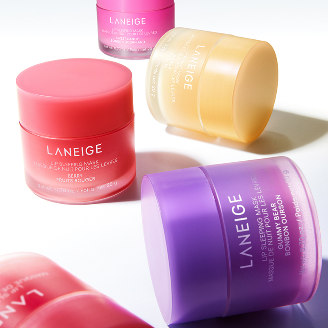 Photo du produit LANEIGE NEW Lip Sleeping Mask 20g, pots roses sur fond blanc, marque LANEIGE, contexte visuel maquillage