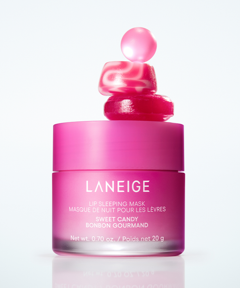 LANEIGE NEW Lip Sleeping Mask 20g, pot rose LANEIGE sur fond clair, style cosmétique, visuel produit.