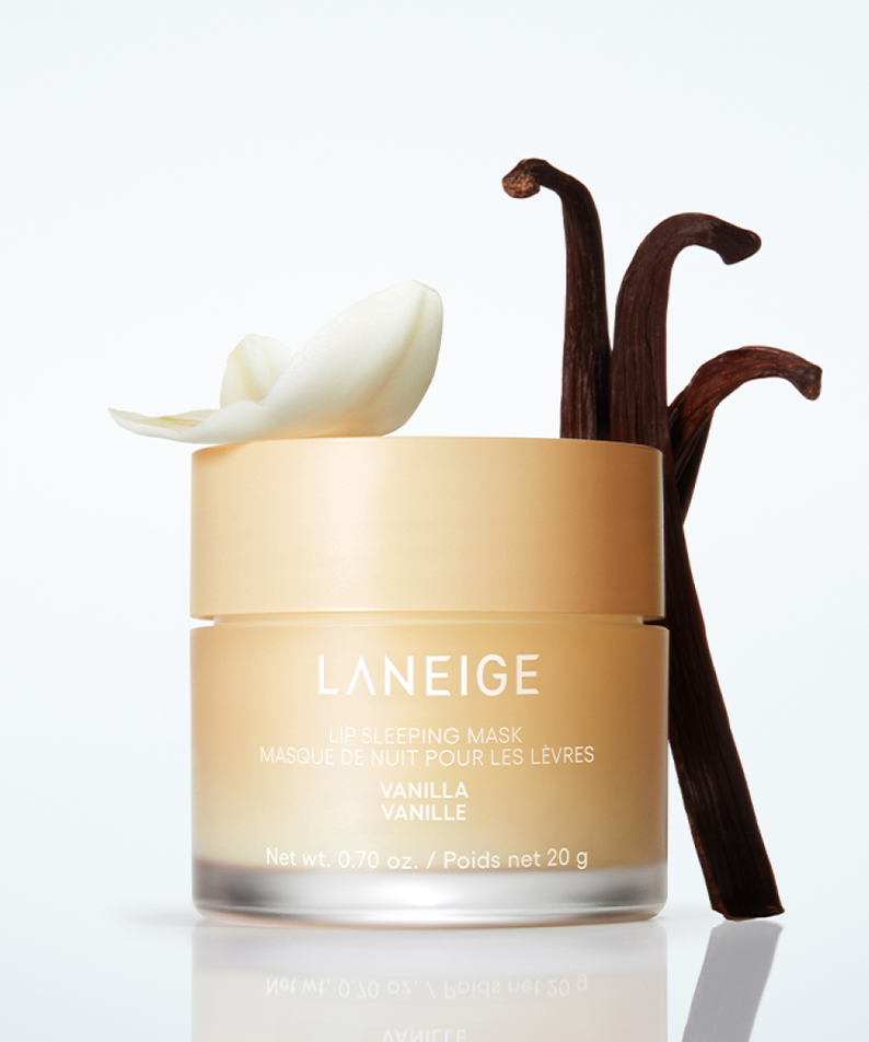 LANEIGE NEW Lip Sleeping Mask 20g, pot crème pour les lèvres de la marque LANEIGE, décor vanille et stick marron.