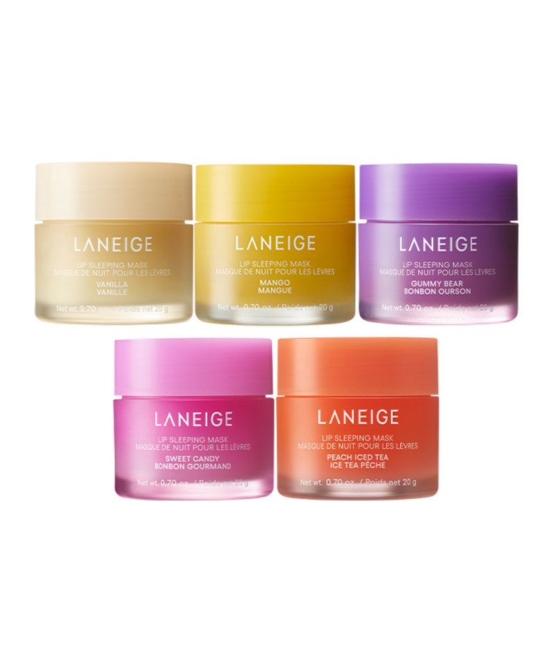 Décris l'image en français : LANEIGE NEW Lip Sleeping Mask 20g de la marque LANEIGE, pots pour les lèvres sur fond noir.
