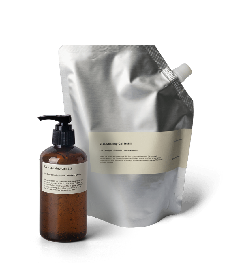 LAZY SOCIETY Shaving Gel Refil Set 250ml+500ml : gel à raser en recharge, flacon et poche argent, fond clair
