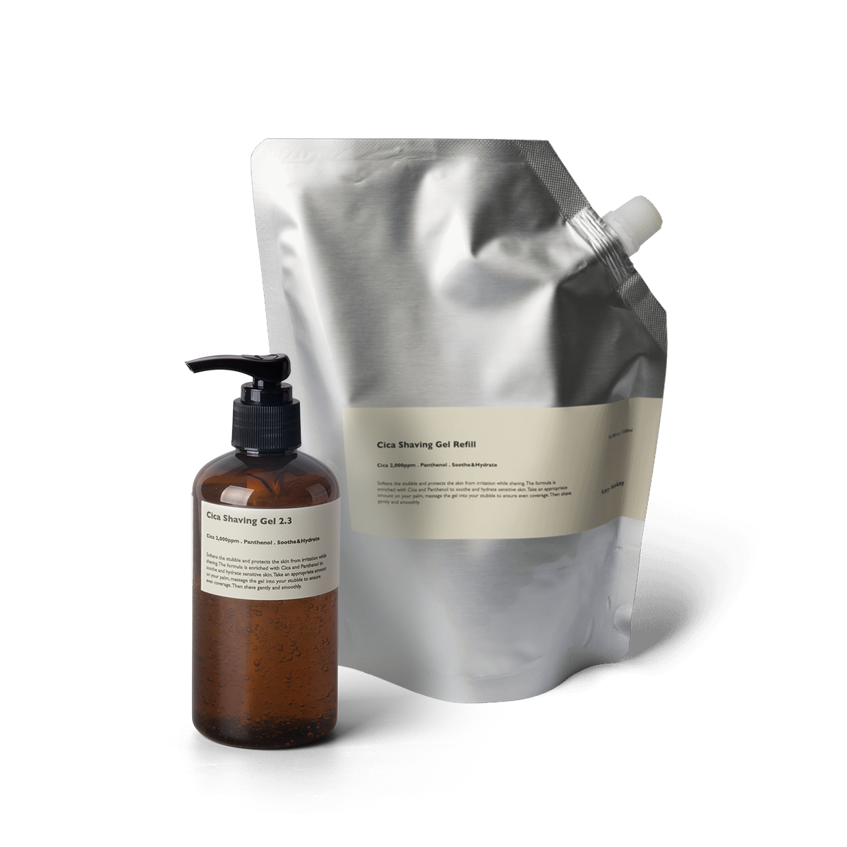 LAZY SOCIETY Shaving Gel Refil Set 250ml+500ml : gel à raser en recharge, flacon et poche argent, fond clair