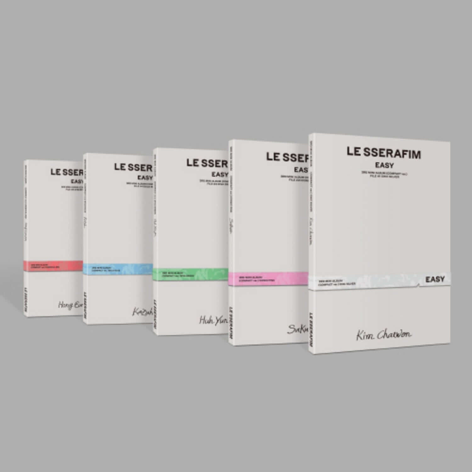 LE SSERAFIM - 3rd Album [EASY] (COMPACT ver.) (Set of 5) - Album Kpop, coffret complet sur fond gris, couvertures blanches