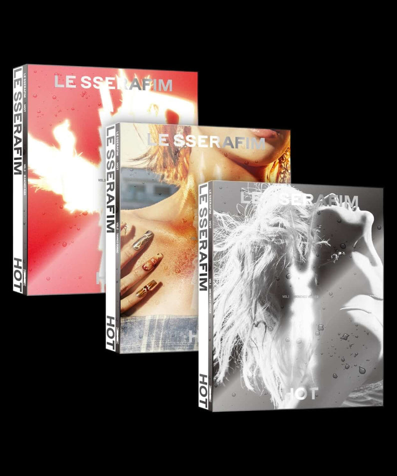 LE SSERAFIM - 5th Mini Album [HOT] (Random 1 of 3) - Album Kpop, pochettes Hot sur fond sombre, visuel marque LE SSERAFIM.