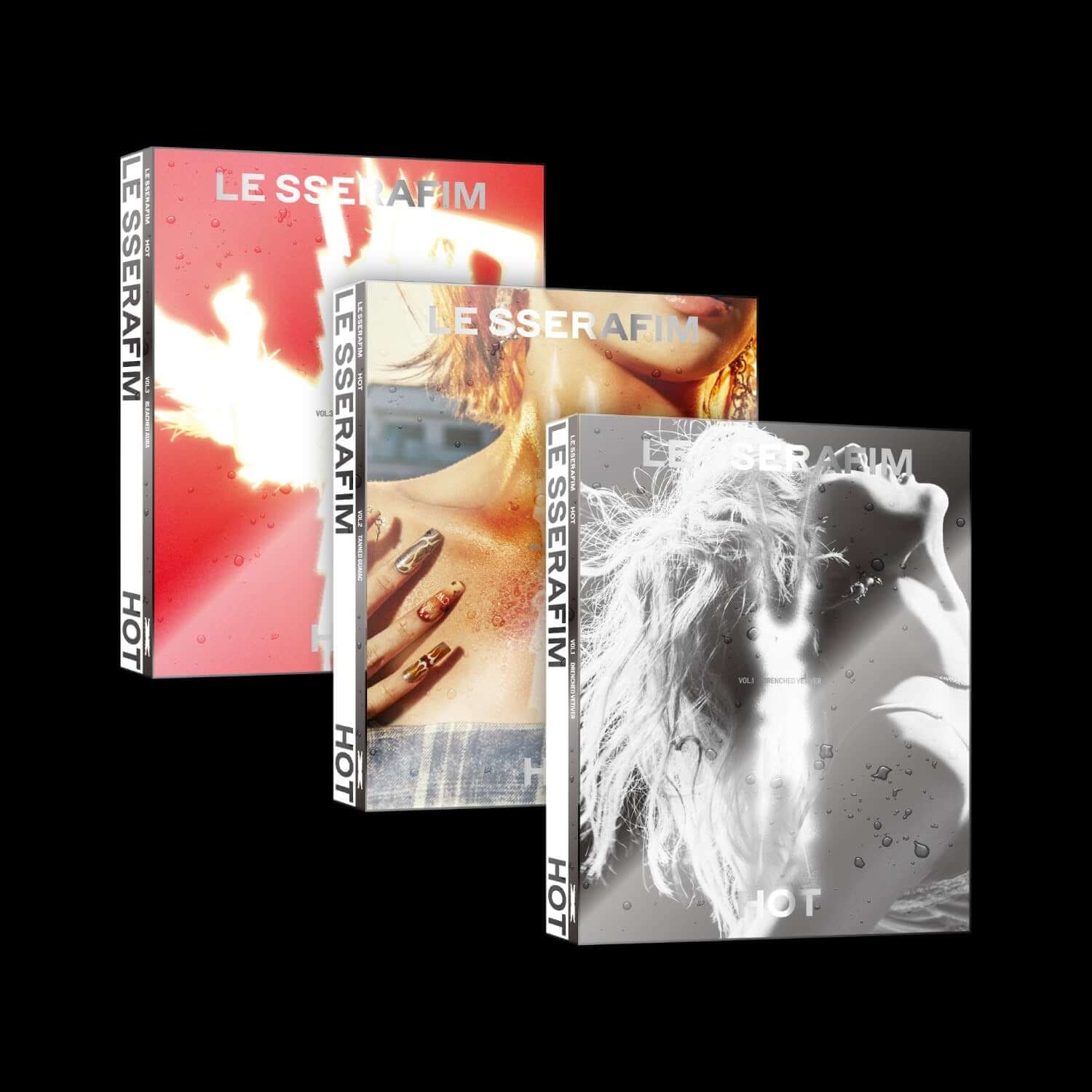 LE SSERAFIM - 5th Mini Album [HOT] (Random 1 of 3) - Album Kpop, pochettes Hot sur fond sombre, visuel marque LE SSERAFIM.