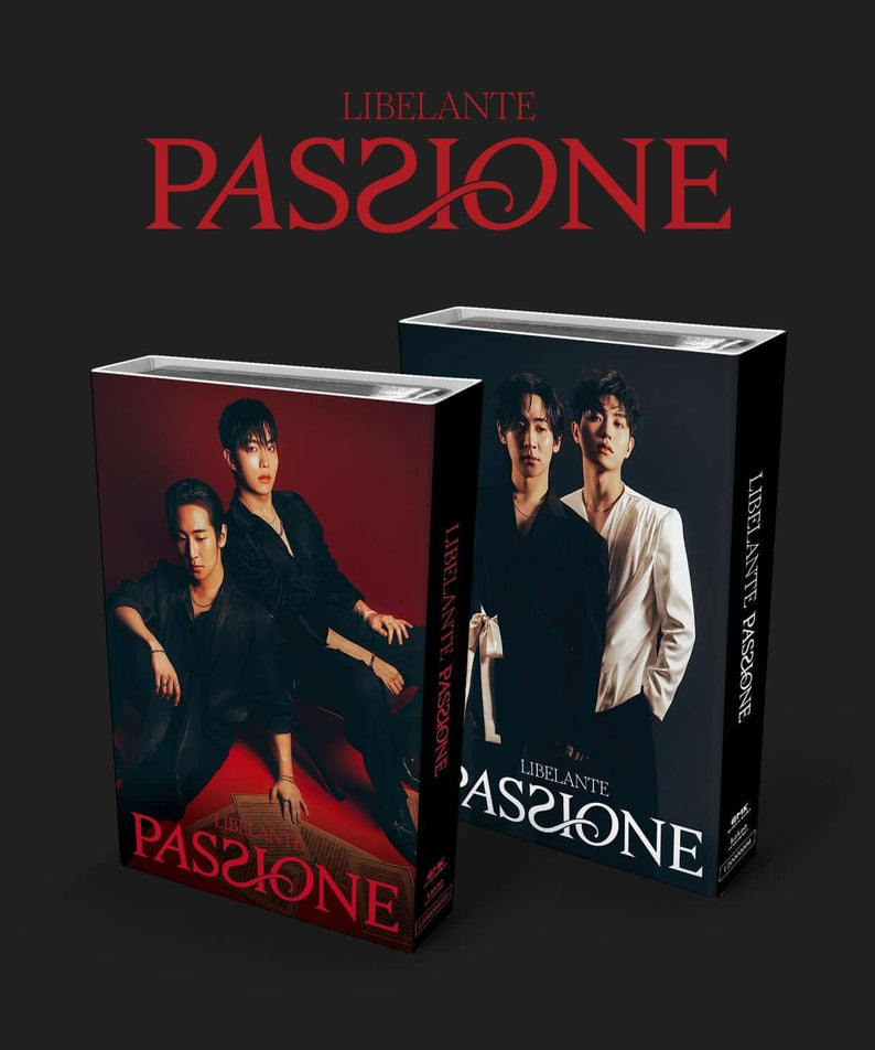 LIBELANTE - [PASSIONE] (NEMO) (BLACK VER.) - Album Kpop, coffret noir avec visuels NEMO et photos des membres, fond sombre.