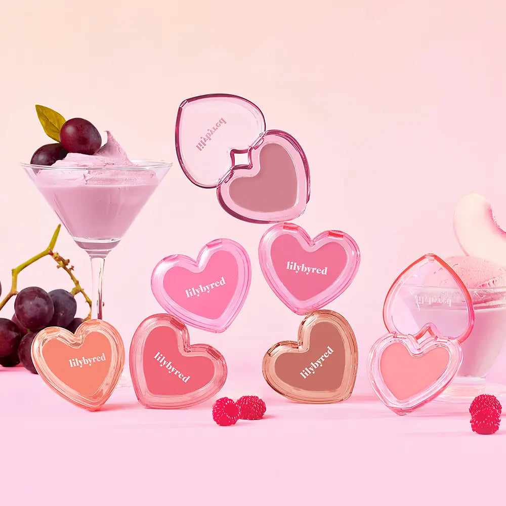 LILYBYRED Love Beam Sherbet Cheek, blush, marque LILYBYRED en visuel rose avec cœurs et cocktail aux fruits