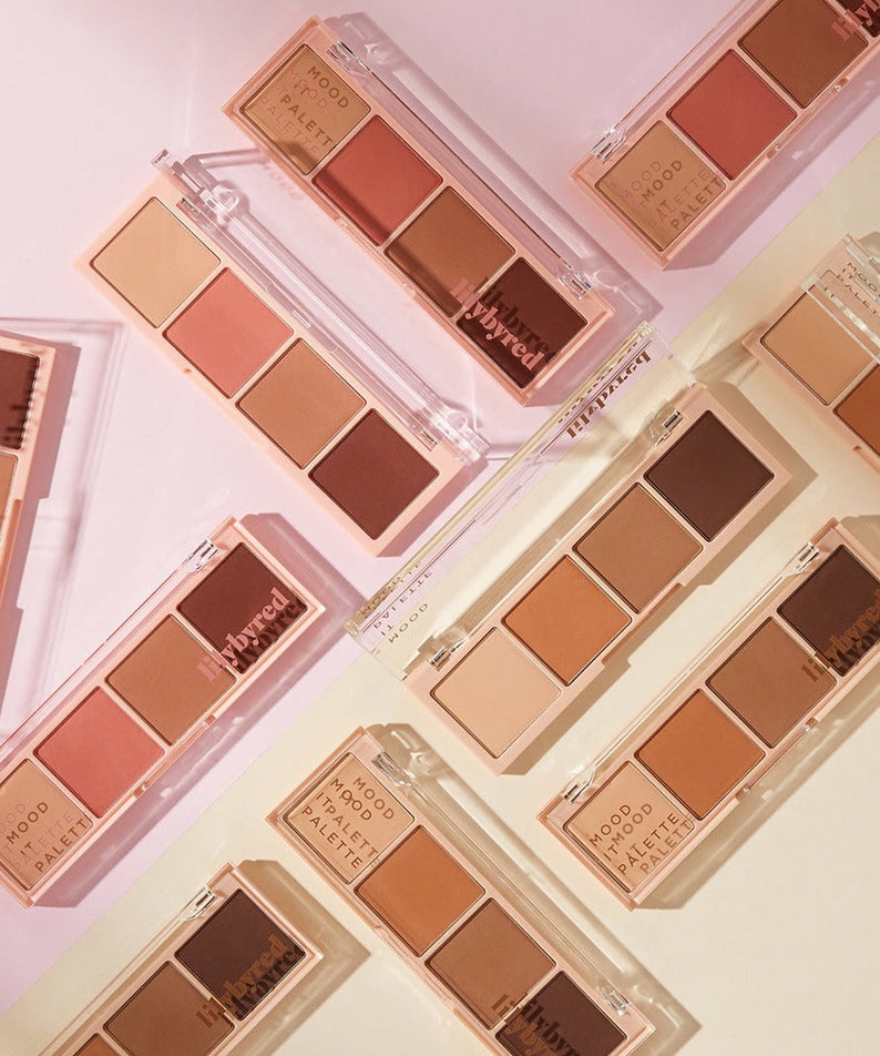 LILYBYRED Mood It Palette, maquillage yeux, étuis transparents aux tons nude et bruns sur fond rose, marque LILYBYRED.