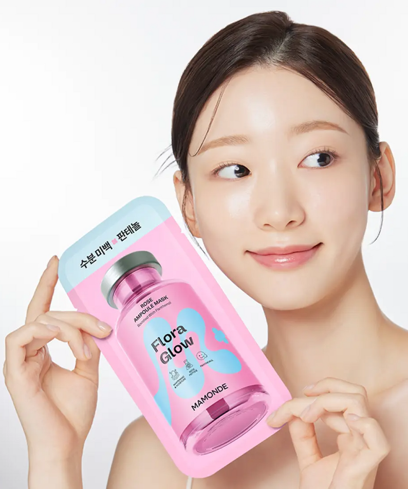 MAMONDE Flora Glow Rose Ampoule Mask Pack en main, masque hydratant éclaircissant aux extraits de rose, soin visage éclat immédiat