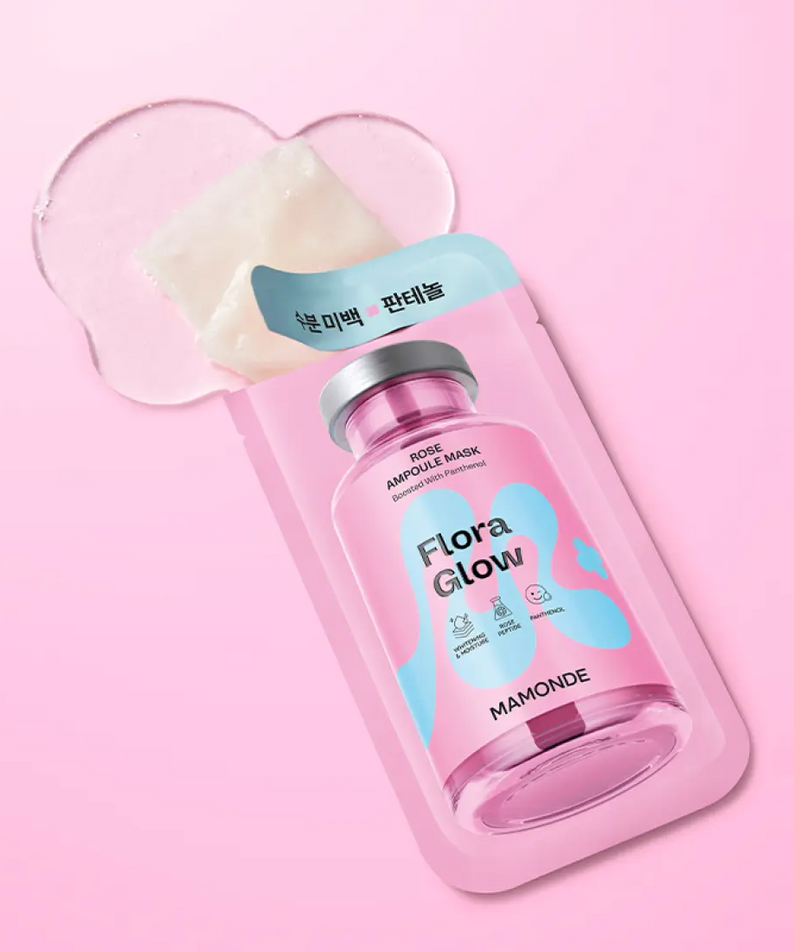 MAMONDE Flora Glow Rose Ampoule Mask Pack présenté sur fond rose, masque visage éclat