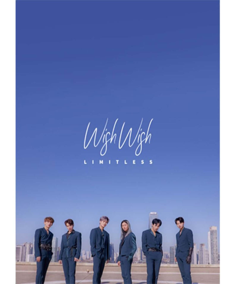 LIMITLESS - 1st Album [WISH WISH] - Album Kpop : pochette bleue avec membres sur fond ville, marque LIMITLESS