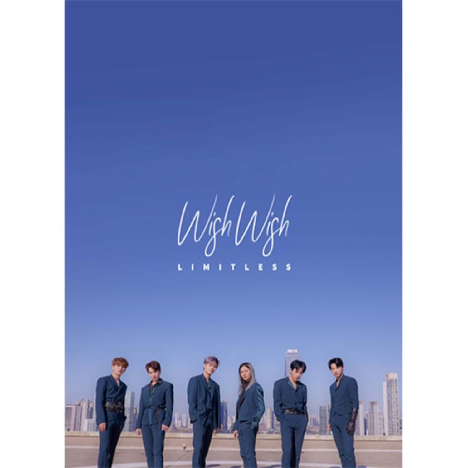LIMITLESS - 1st Album [WISH WISH] - Album Kpop : pochette bleue avec membres sur fond ville, marque LIMITLESS