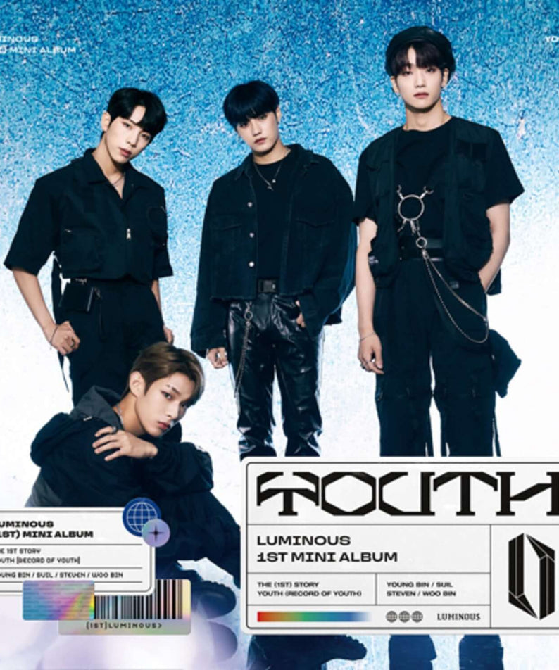 LUMINOUS - 1st Album [YOUTH] - Album Kpop, visuel du groupe sur fond bleu pailleté, pochettes et titres sur l’édition