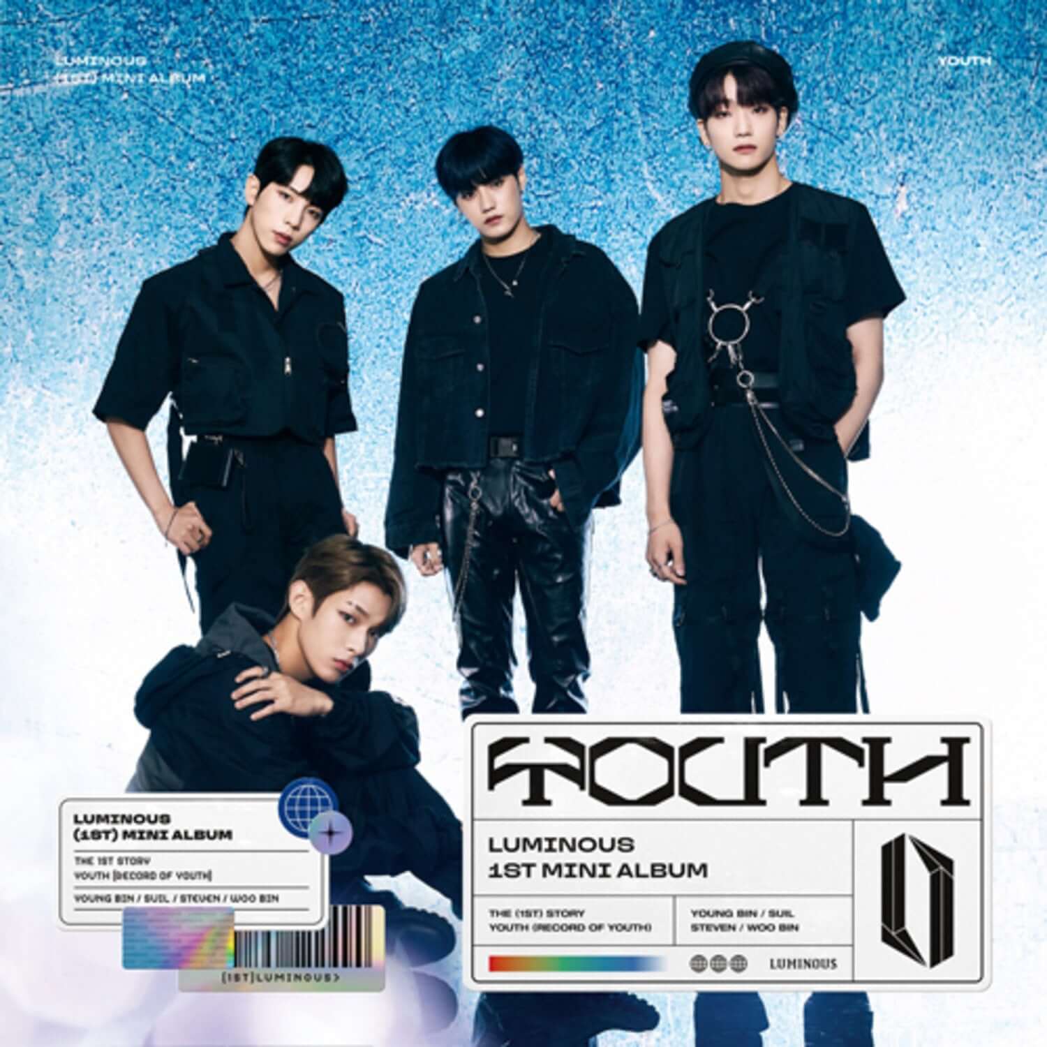 LUMINOUS - 1st Album [YOUTH] - Album Kpop, visuel du groupe sur fond bleu pailleté, pochettes et titres sur l’édition