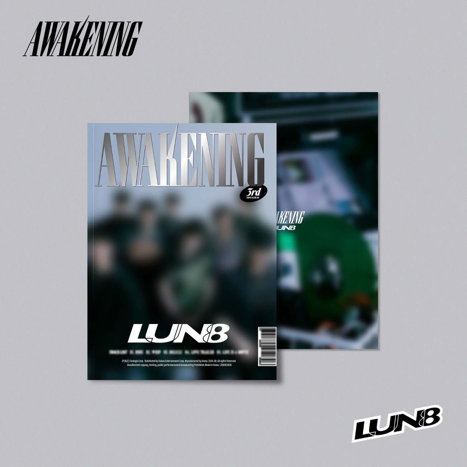 LUN8 - 3rd Mini Album [AWAKENING] (Hip ver.) - Album Kpop, pochette LUN8, visuel sombre et titre AWAKENING en fond