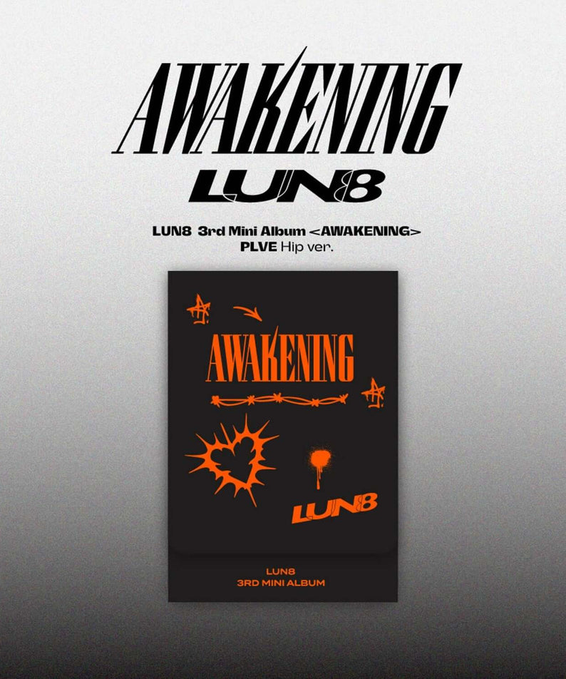 LUN8 - 3rd Mini Album [AWAKENING] (PLVE) (Hip ver.) - Album Kpop, couverture orange sur fond clair, logo LUN8 en visuel.
