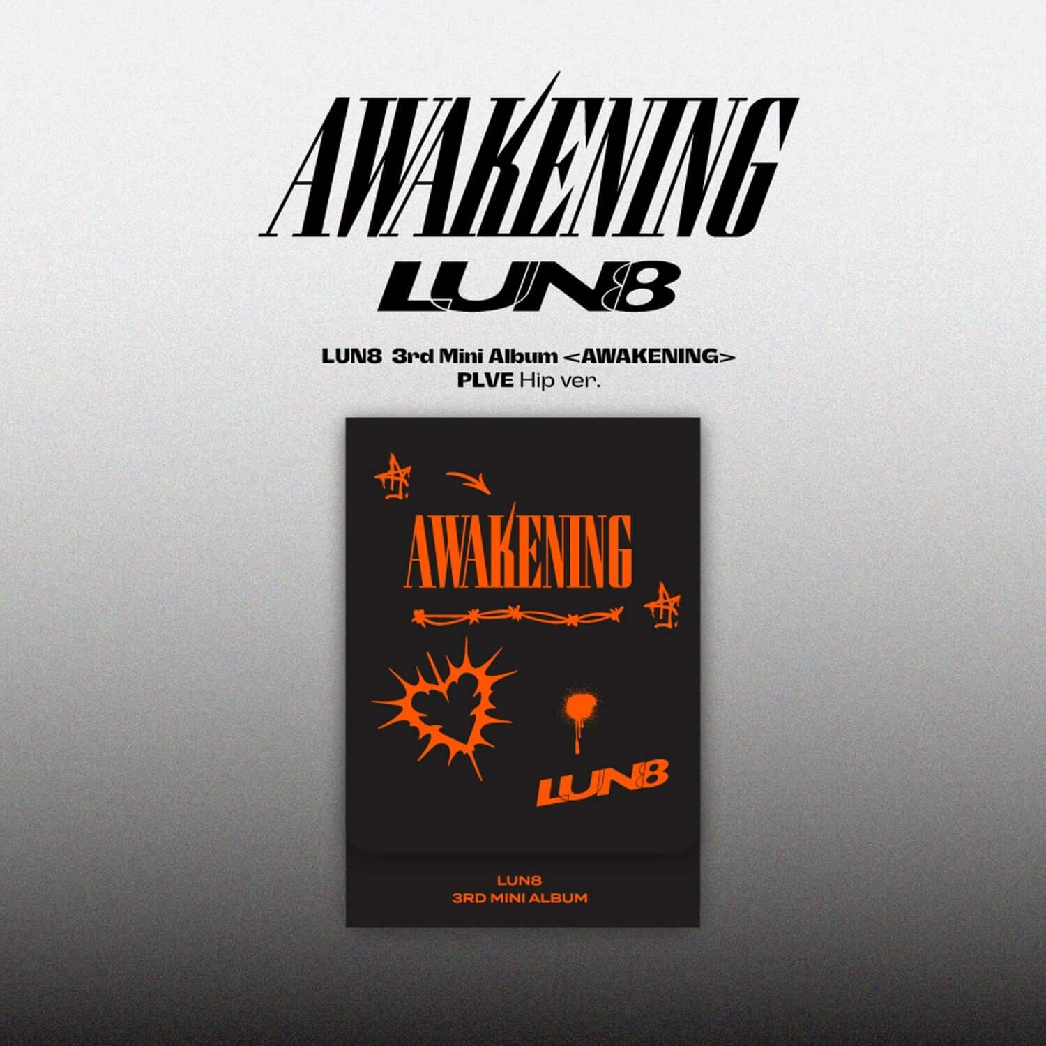 LUN8 - 3rd Mini Album [AWAKENING] (PLVE) (Hip ver.) - Album Kpop, couverture orange sur fond clair, logo LUN8 en visuel.
