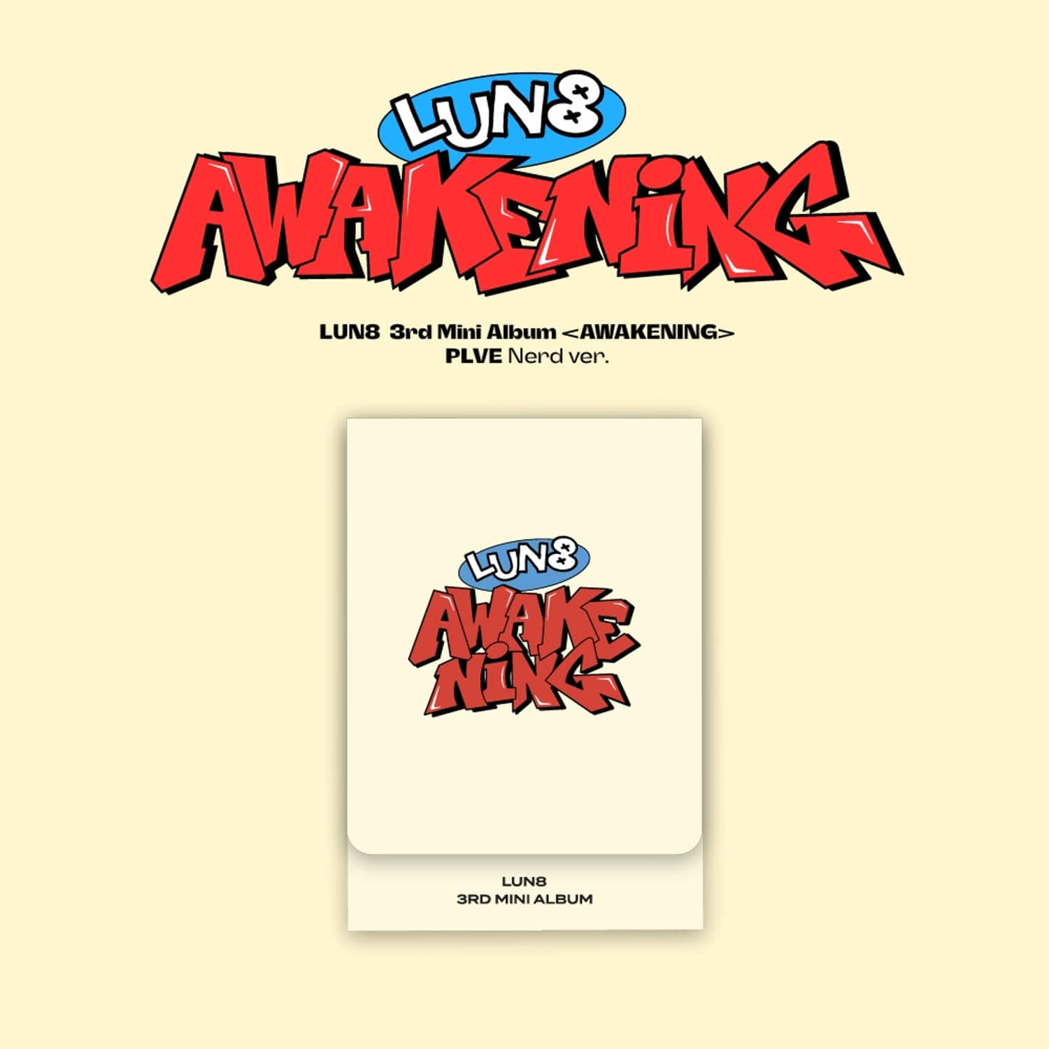 LUN8 - 3rd Mini Album [AWAKENING] (PLVE) (Nerd ver.) - Album Kpop, pochette jaune avec logo AWAKENING en visuel.