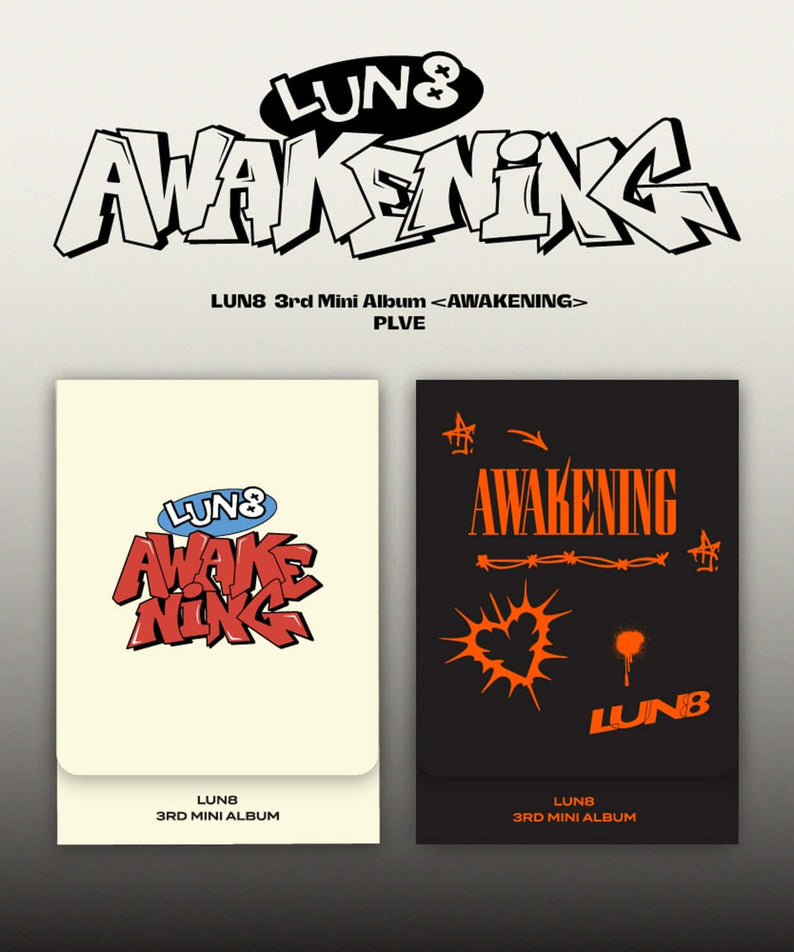 LUN8 - 3rd Mini Album [AWAKENING] (PLVE) (Set of 2) - Album Kpop, visuel couvertures Awake N/PLVE fond clair.