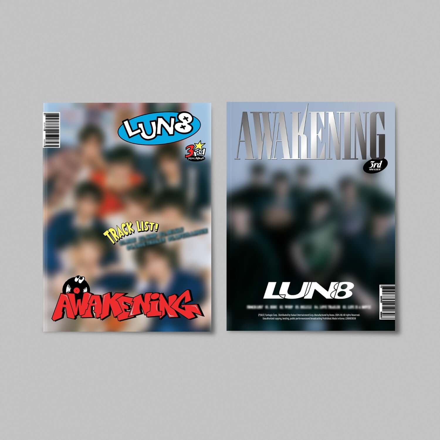 LUN8 - 3rd Mini Album [AWAKENING] (Set of 2) - Album Kpop, coffret versions sur fond gris, couvertures face et dos.