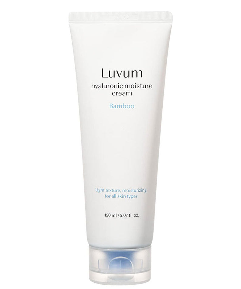 LUVUM Bamboo Hyaluronic Acid Moisture Cream 150ml +150ml, crème hydratante en tube blanc sur fond clair, marque Luvum.
