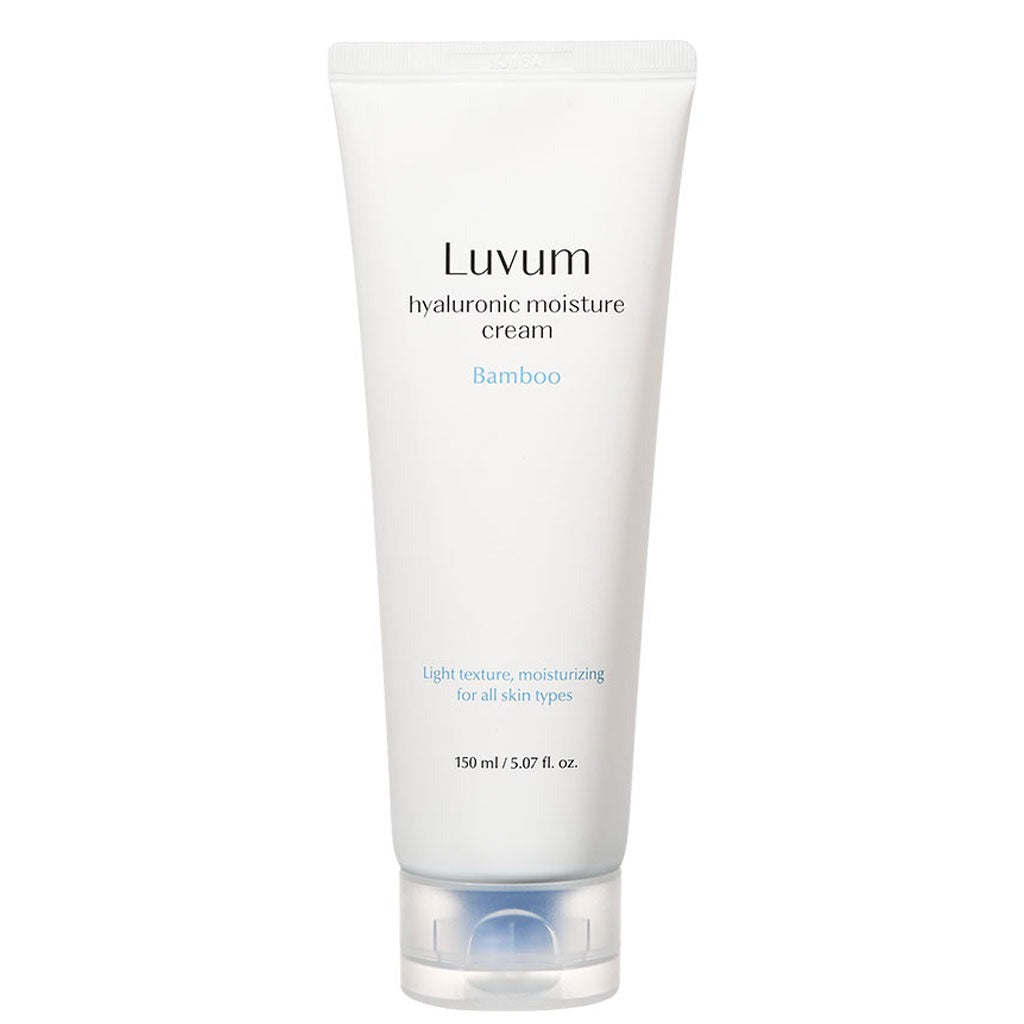 LUVUM Bamboo Hyaluronic Acid Moisture Cream 150ml +150ml, crème hydratante en tube blanc sur fond clair, marque Luvum.