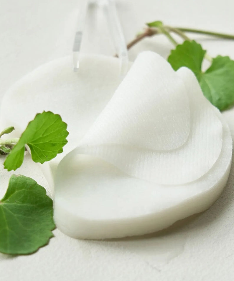LUVUM Calming Repair Cica Spot 60 Pads de la marque LUVUM sur fond blanc avec feuilles de cica, ambiance apaisante.