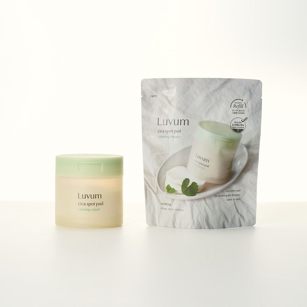 LUVUM Calming Repair Cica Spot 60 Pads + Refill Set : pots et recharges, photo produit sur fond clair.
