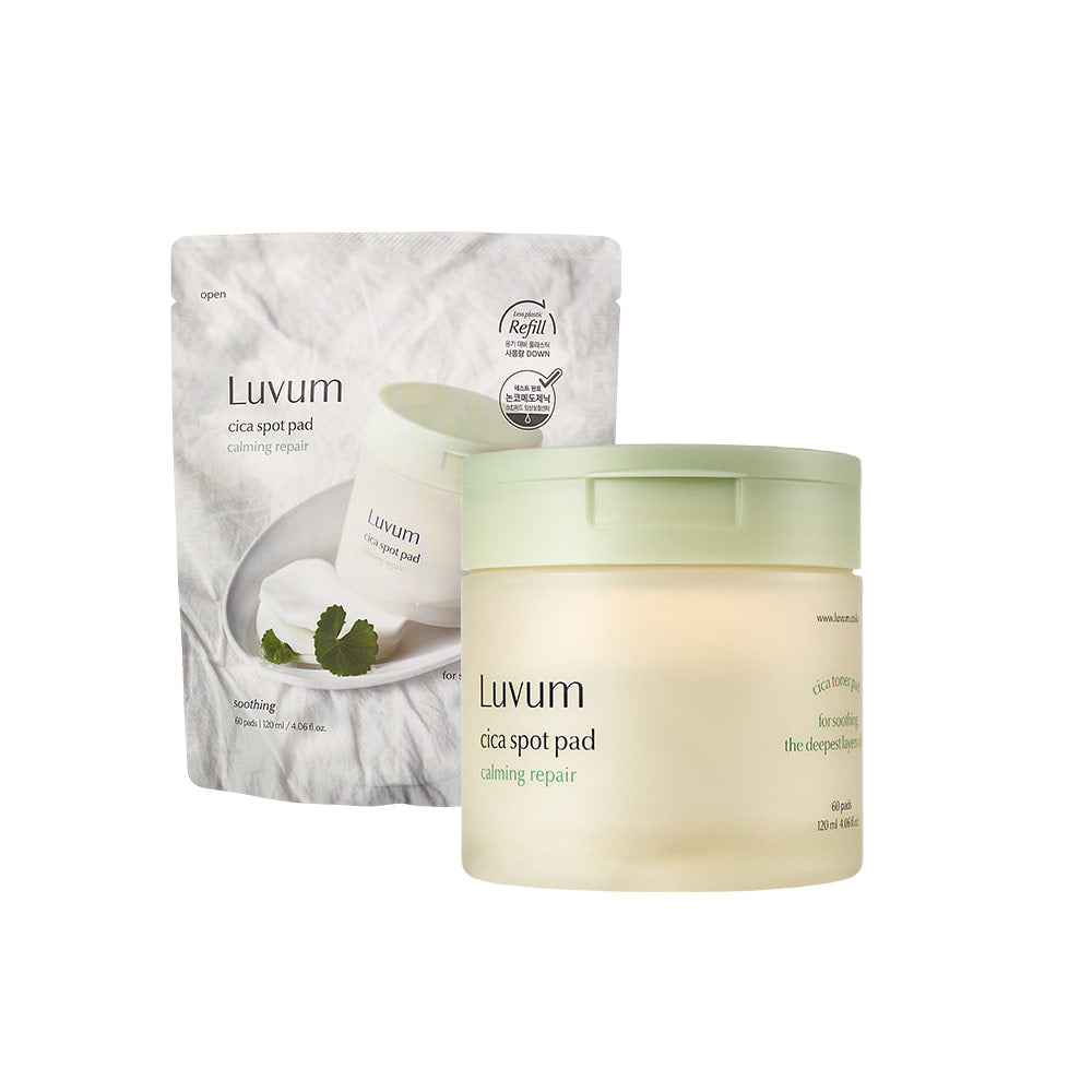 LUVUM Calming Repair Cica Spot 60 Pads + Refill Set : pads et pot de refill visibles sur fond blanc, marque Luvum.
