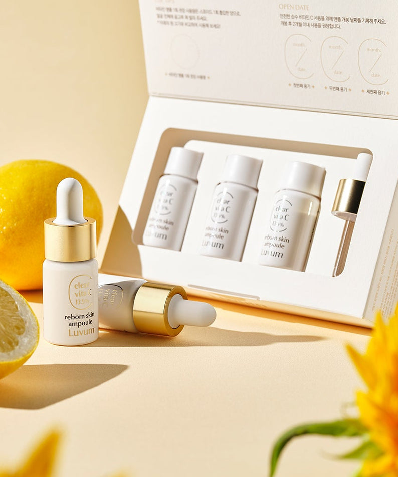 LUVUM Clear Vita C Ribbonn Skin Ampoule 10ml x3, coffret de soins avec ampoules, citrons et ambiance vitaminée en studio