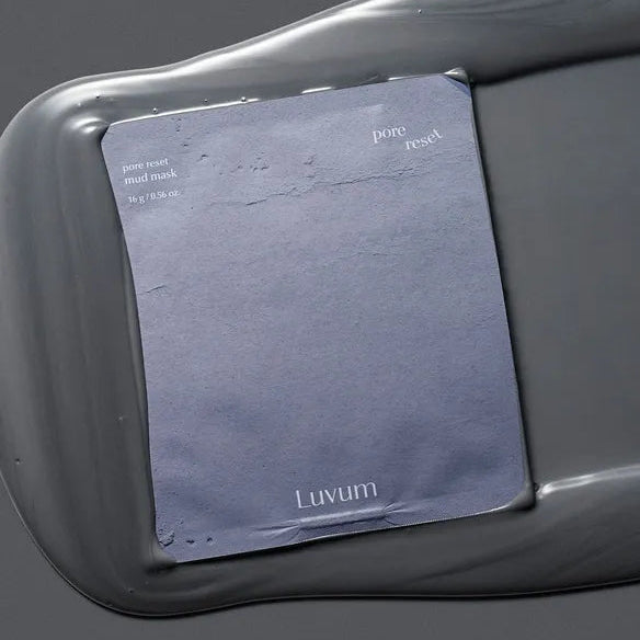 LUVUM Pore Reset Mud Mask 5 Sheets, pack de masque boue anti-pores sur plateau, visuel produit marque Luvum