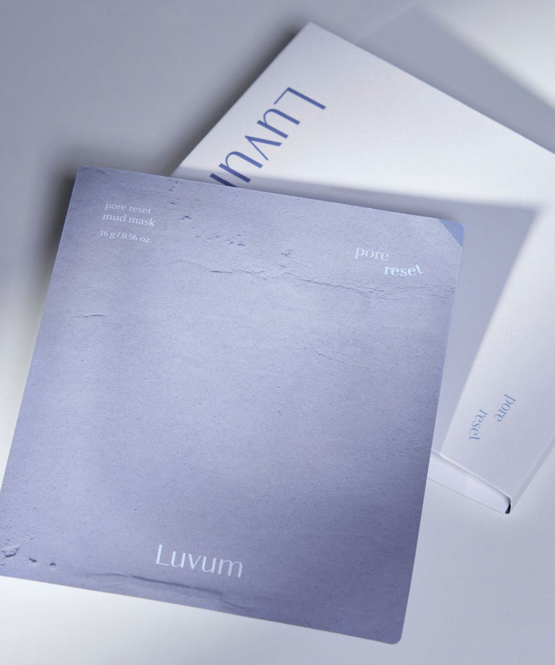 LUVUM Pore Reset Mud Mask 5 Sheets, masques en feuille à l’argile sur fond pastel, marque Luvum visible