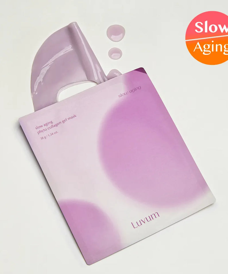 LUVUM SLow Aging Phyto Collagen Gel Mask 5 Pieces, masques gel violets de la marque Luvum sur fond clair.