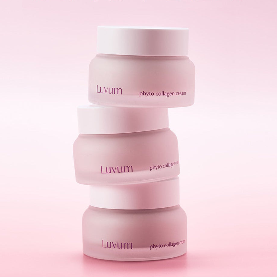 LUVUM Slow Aging Phyto Collagen Cream 50ml, crème visage en pots roses sur fond clair, marque Luvum, pack produit.