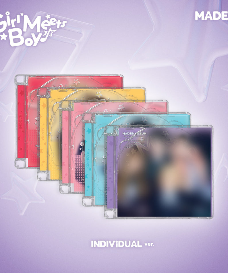 MADEIN - [Girl Meets Boy] (Random 1 of 5) - Album Kpop : pochette colorée “Individual ver” avec disques, fond violet.