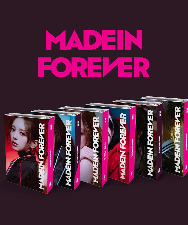 MADEIN - [MADEIN FOREVER] (Random 1 of 6) - Album Kpop MADEIN, boîtiers roses et noirs sur fond sombre