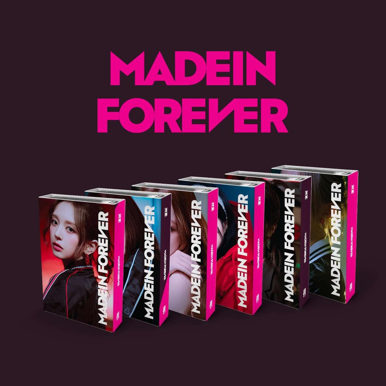 MADEIN - [MADEIN FOREVER] (Random 1 of 6) - Album Kpop MADEIN, boîtiers roses et noirs sur fond sombre