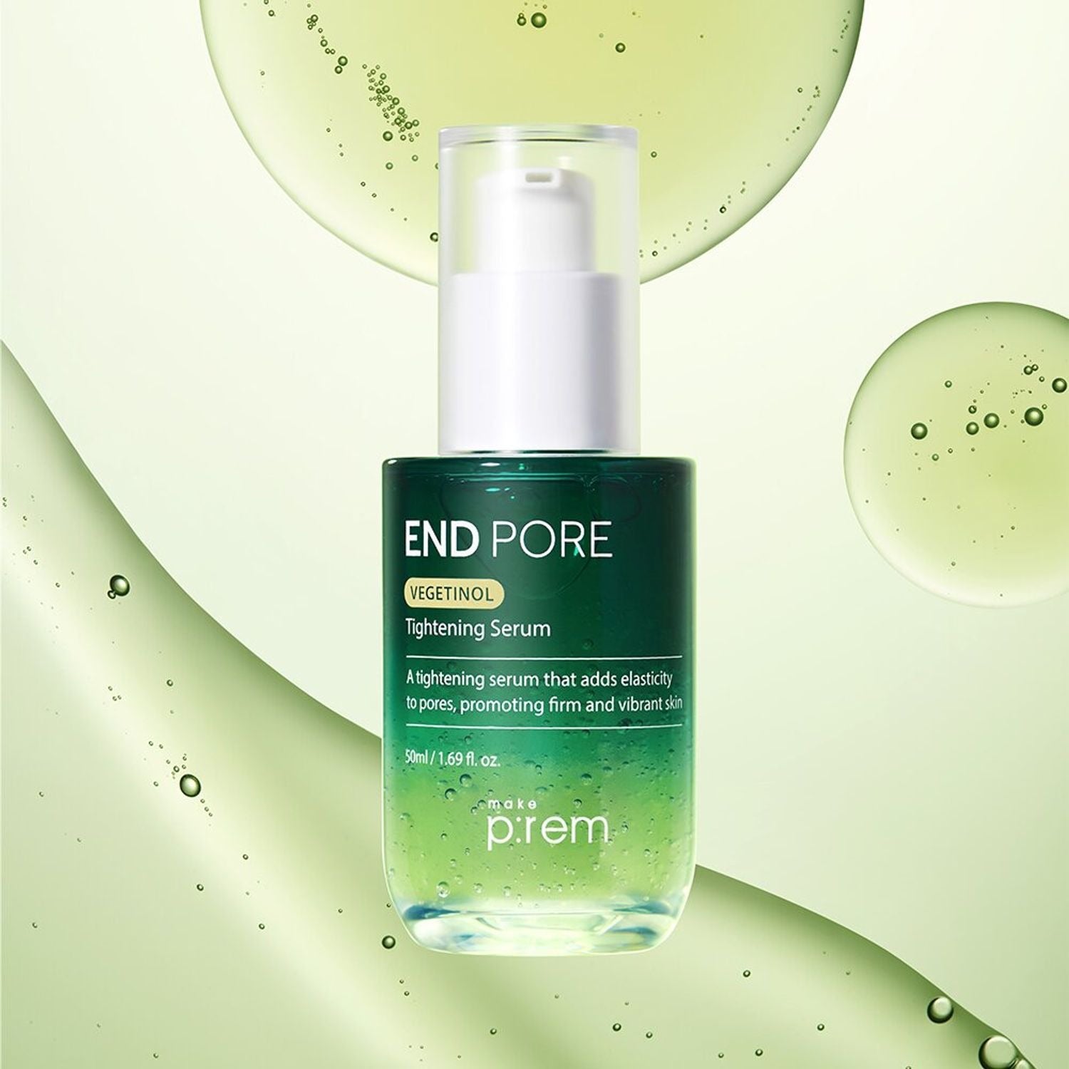 MAKE P:REM  Endpore Vegetinol Tightening Serum 50ml, flacon vert sur fond vert avec gouttes, visuel produit.