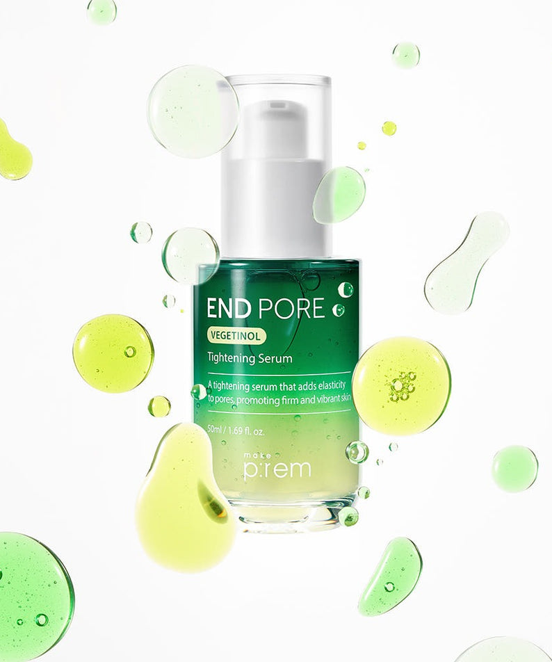 MAKE P:REM  Endpore Vegetinol Tightening Serum 50ml, flacon vert sur fond blanc avec éclaboussures, contexte beauté.