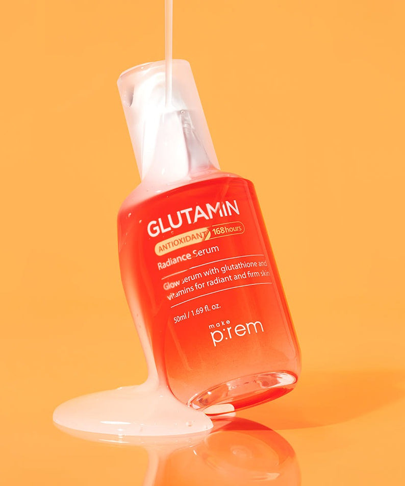 MAKE P:REM  Glutamine Antioxidant Radiance Serum 50ml, bouteille rouge sur fond orange, sérum lumineux en goutte
