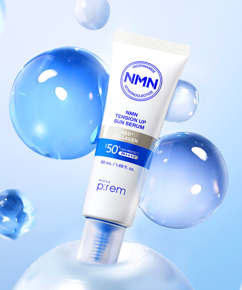 MAKE P:REM NMN Tension Up Sun Serum SPF 50+ PA++++ 50ml, tube crème sur fond bleu avec bulles lumineuses