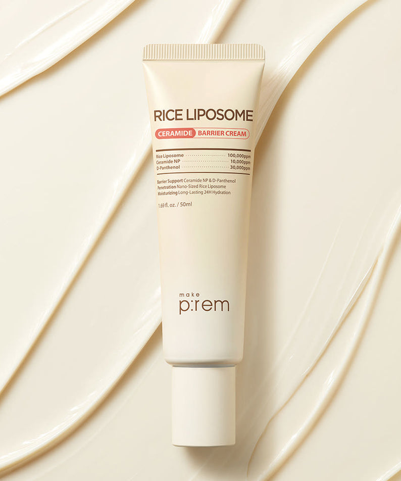 MAKE P:REM Rice Liposome Ceramide Barrier Cream 50ml de la marque MAKE P:REM, sur fond crème texturé.