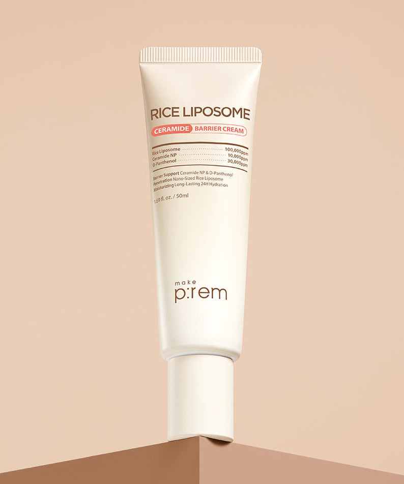 MAKE P:REM Rice Liposome Ceramide Barrier Cream 50ml de la marque MAKE P:REM, tube crème sur fond beige