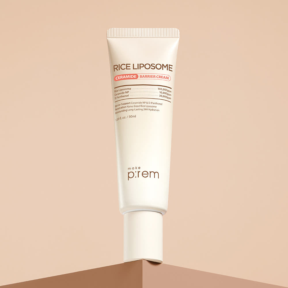 MAKE P:REM Rice Liposome Ceramide Barrier Cream 50ml de la marque MAKE P:REM, tube crème sur fond beige