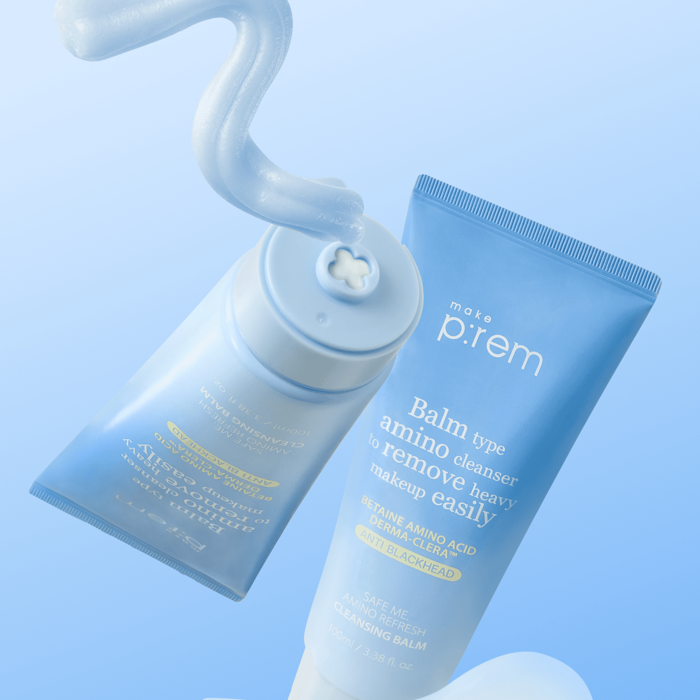 MAKE P:REM  Safe Me Amino Refresh Cleansing Balm 100ml, baume nettoyant de la marque, tubes sur fond bleu clair