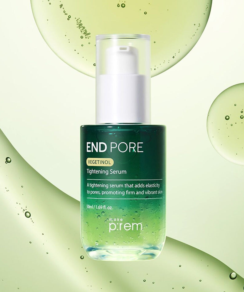 MAKE P:REM Endpore Vegetinol Tightening Serum 50ml sur fond vert avec bulles, produit de soin raffermissant pour la peau.