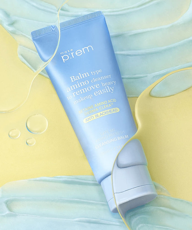 MAKE P:REM Safe Me Amino Refresh Cleansing Balm 100ml sur fond coloré en français, mettant en valeur le nettoyant visage.