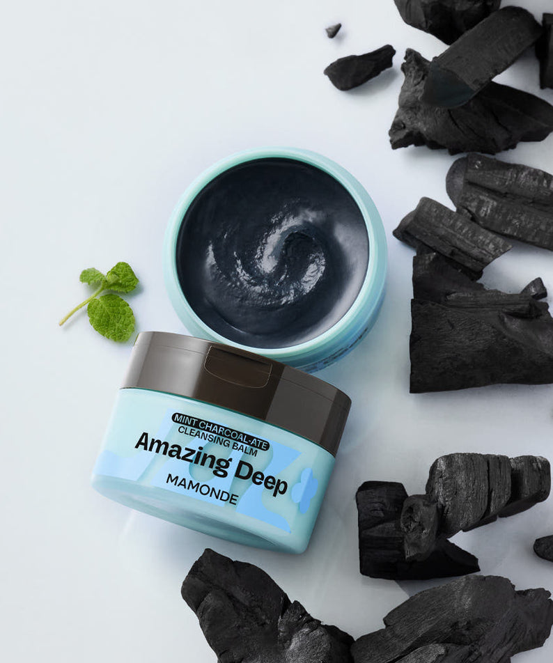 MAMONDE Amazing Deep Mint Chocolate Cleansing Balm 90ml : pot vert sur fond clair, éclats de chocolat noir, menthe.