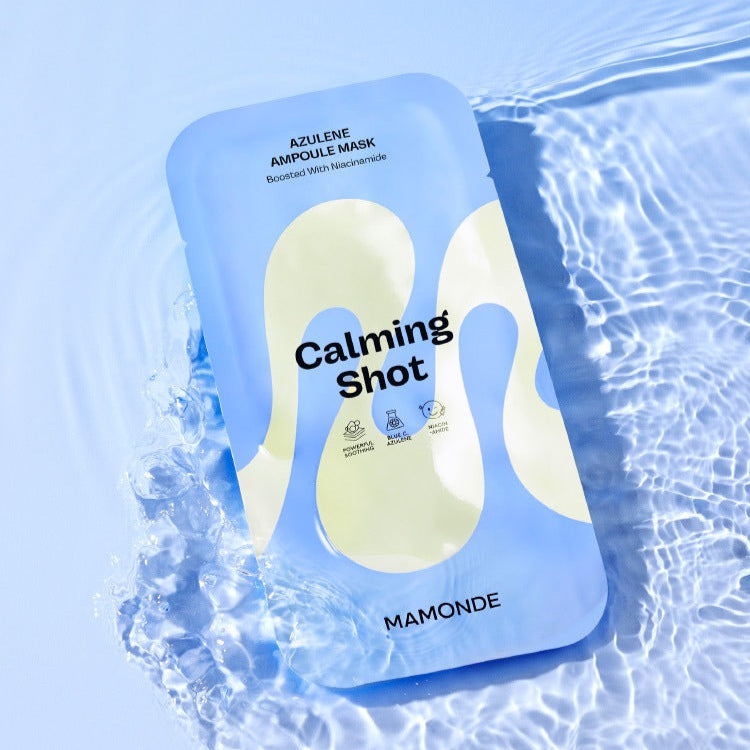 MAMONDE Calming Shot Azulene Ampoule Mask Pack, pack bleu sur fond d’eau, pour apaiser la peau, marque Mamonde