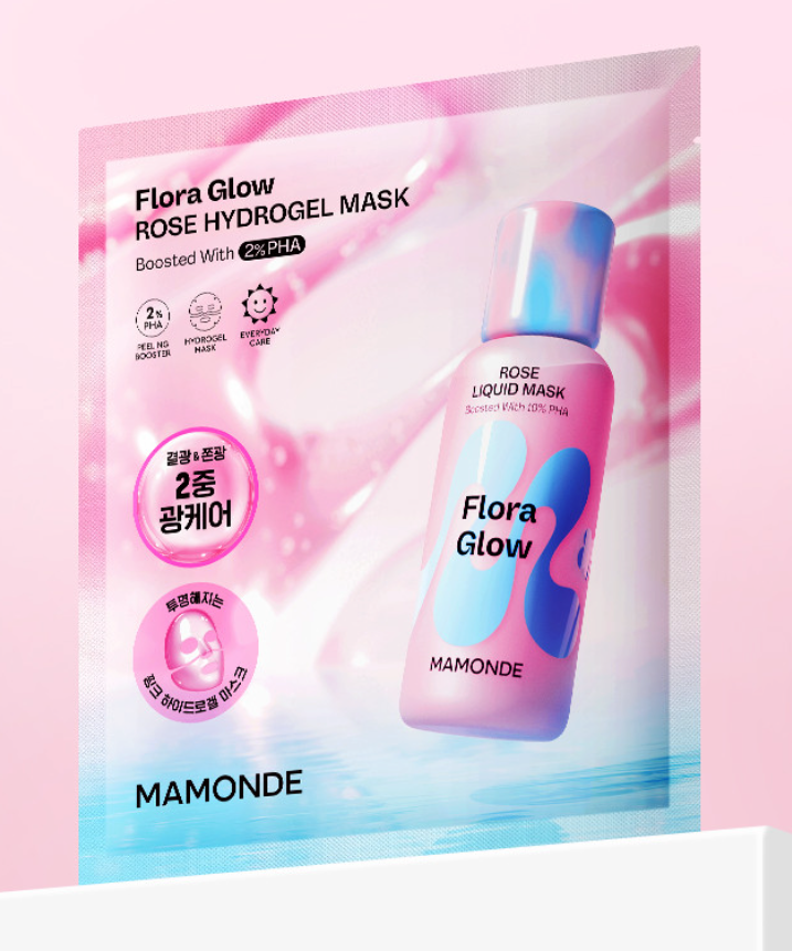 MAMONDE Flora Glow Rose Hydrogel Mask 1 sheet, packaging rose et bleu, Marque MAMONDE sur fond rose pastel, visuel produit.